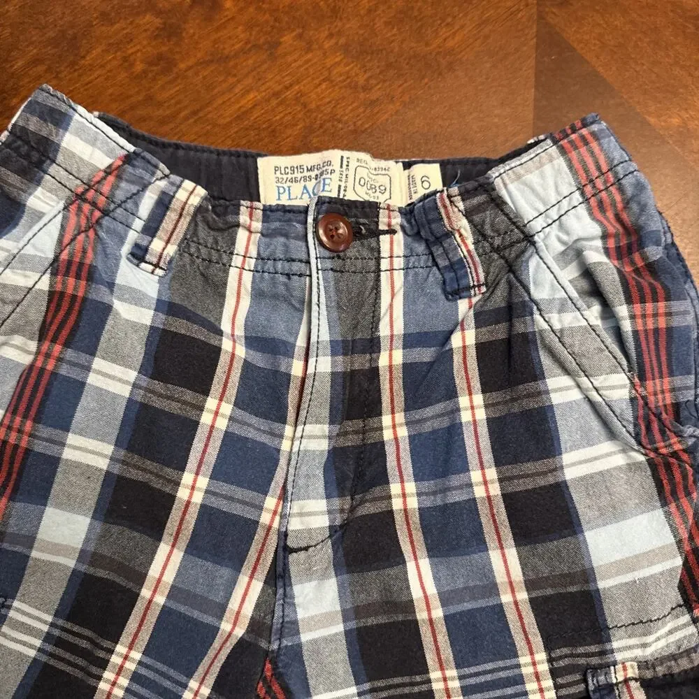 Children's Place‎ Boys 100% Cotton Cargo Shirt Blue Gray Red Plaid Size 6 EUC